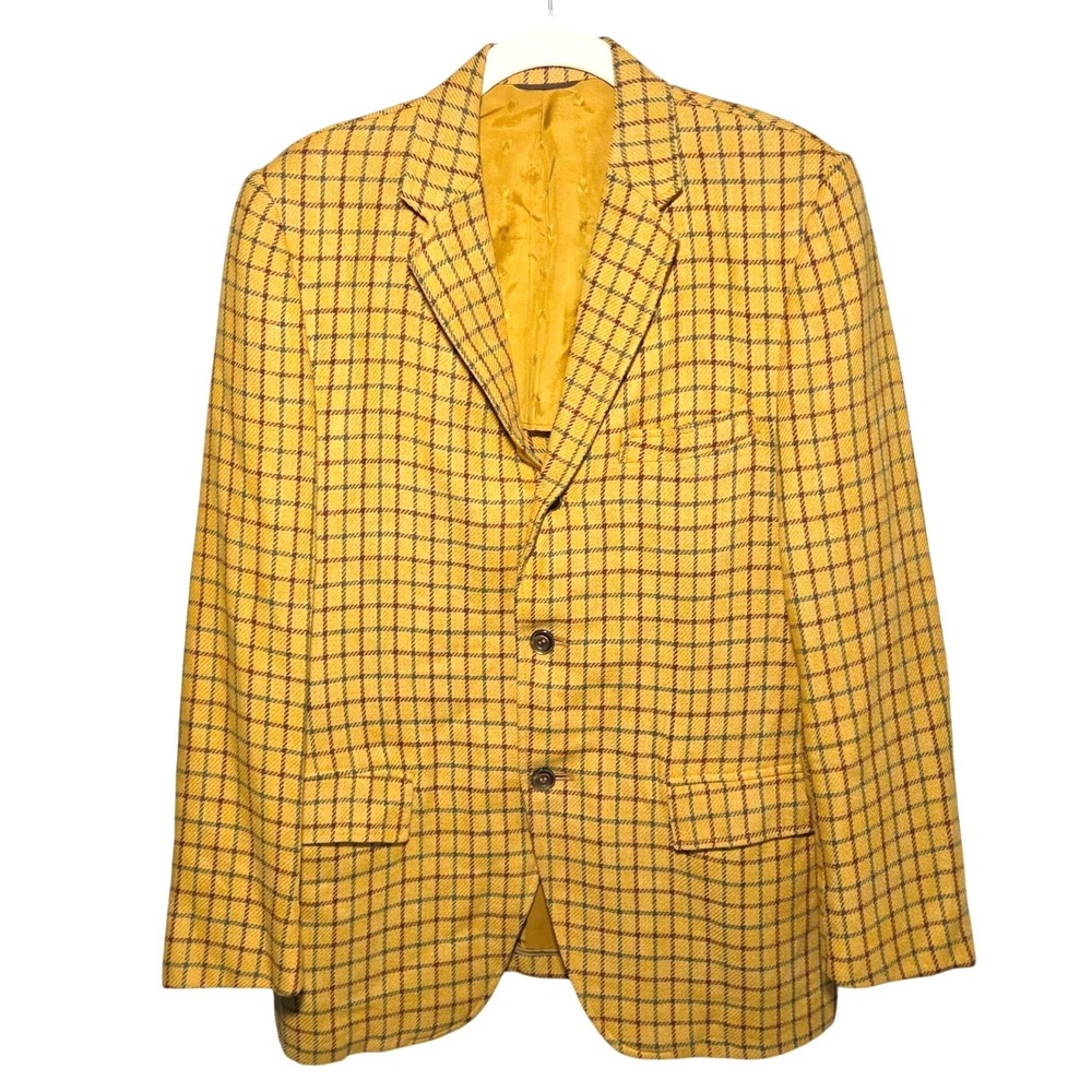 Vintage 90s Women L Yellow Plaid Blazer Light Academia Professor Preppy Heritage